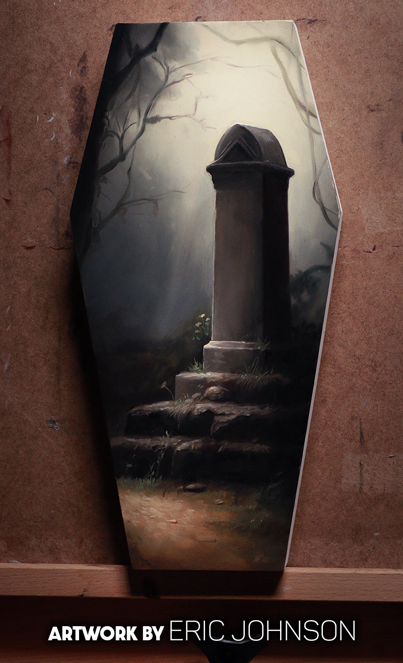 Stone monument beneath bare trees in a misty graveyard painted on a coffin panel, credited to Eric Johnson.