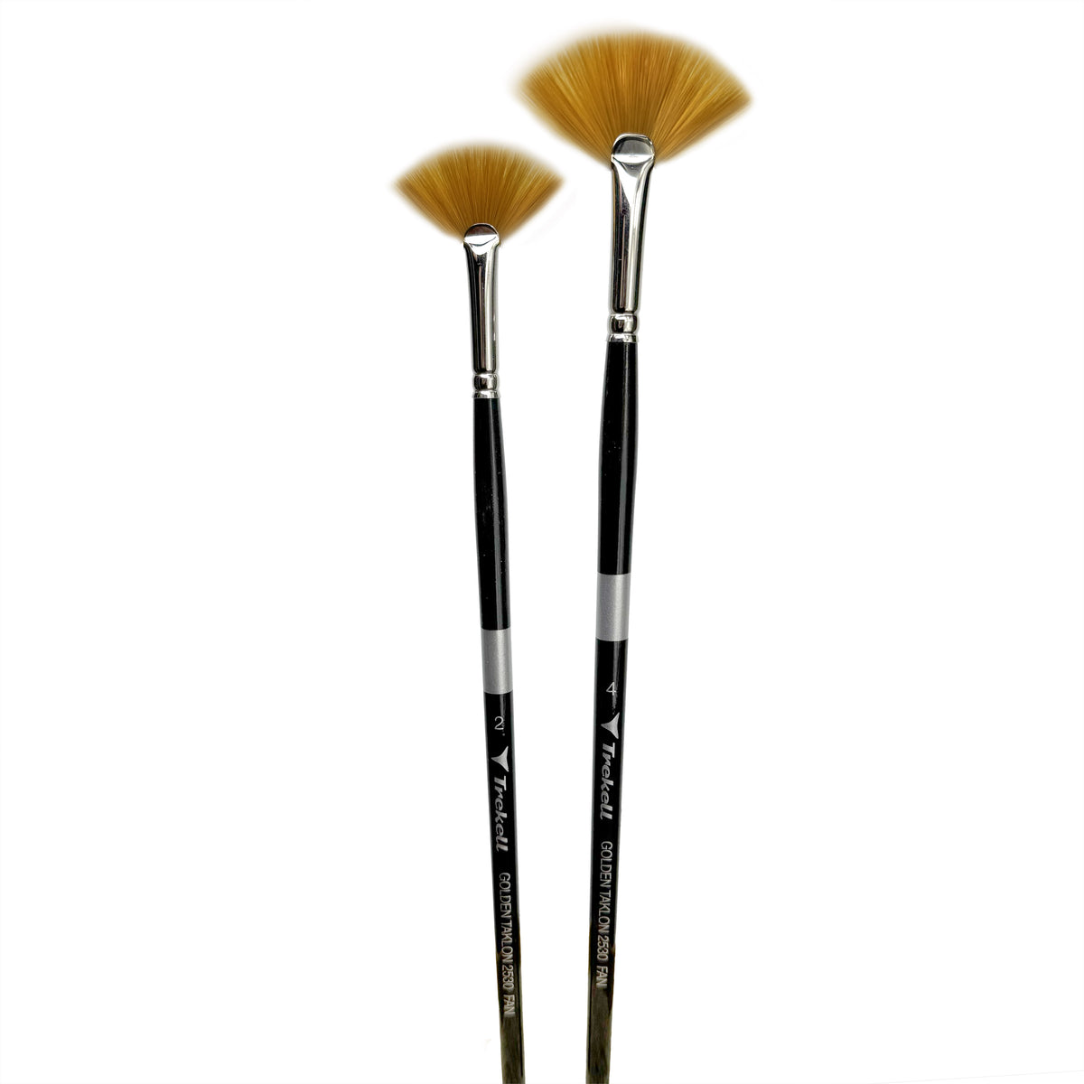 Two black-handled fan brushes with spread golden bristles, one smaller than the other.