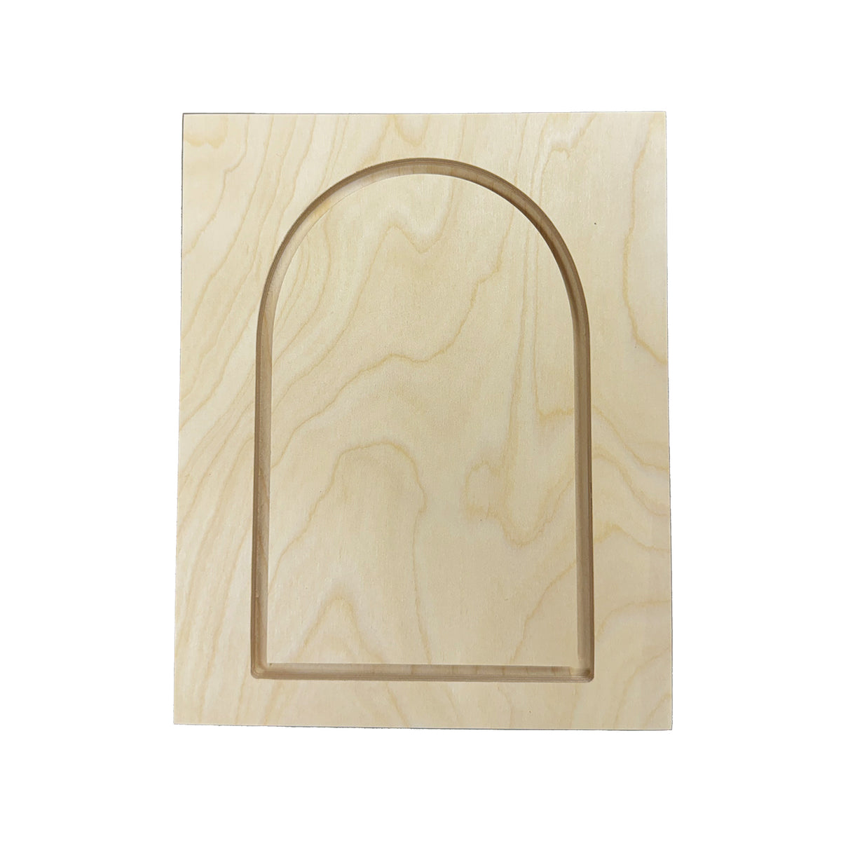 Trekell Framed Rounded Arch Floater Panel, rounded unpainted arch inset within a rectangular wood frame.
