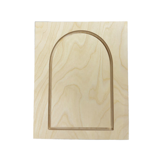 Trekell Framed Rounded Arch Floater Panel, rounded unpainted arch inset within a rectangular wood frame.