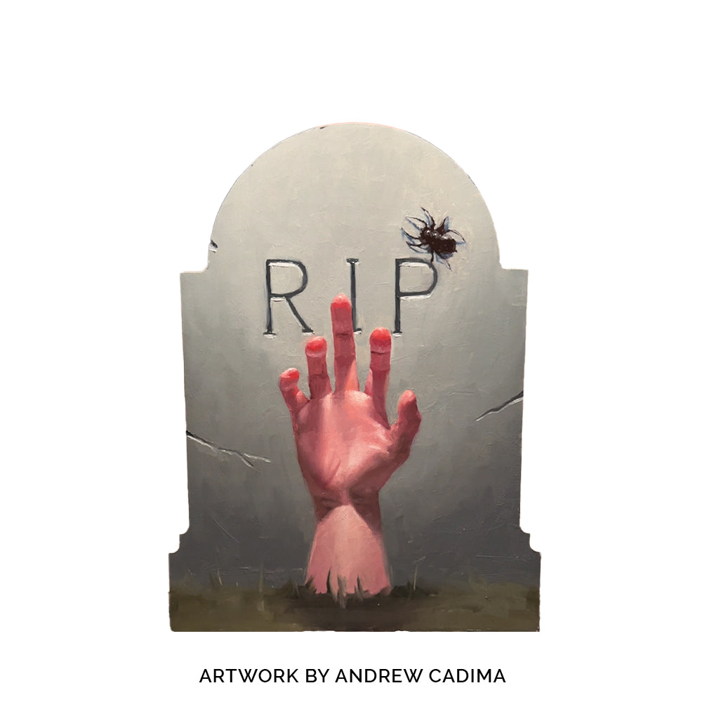 Red hand reaching from soil beneath R.I.P. lettering on a tombstone panel, credited to Andrew Cadima.