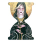 Green-haired woman holding a sword painted on an hourglass-shaped panel.