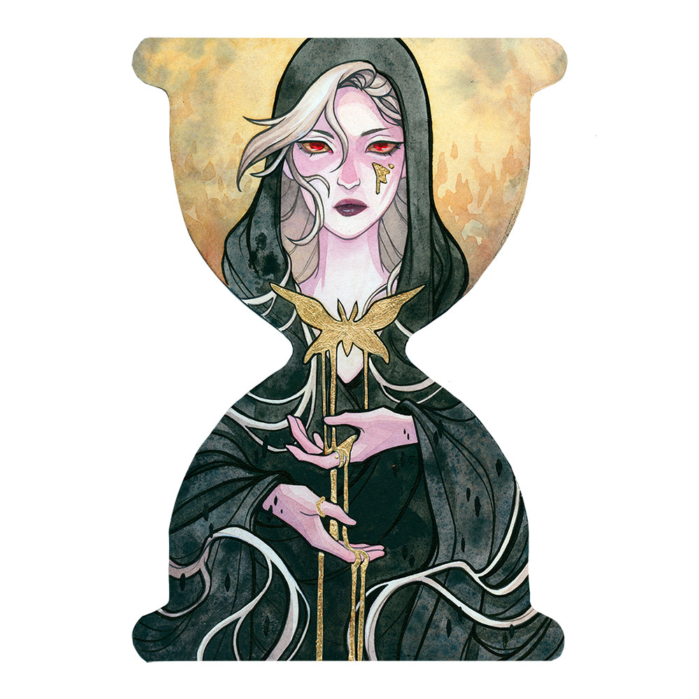 Green-haired woman holding a sword painted on an hourglass-shaped panel.