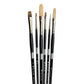 Eight black-handled brushes fanned upright, showing flat, round and filbert bristles.