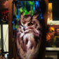 Painting of a long-haired cat on a coffin-shaped panel, with bright blue and green strokes above its head.