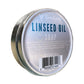 Trekell Linseed Oil Soap tin at an angle, showing its silver lid and blue lettering.