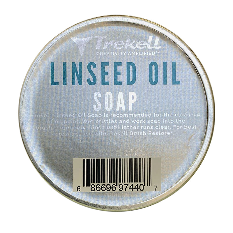 Trekell Linseed Oil Soap tin, top view of its silver label and pale blue lettering.