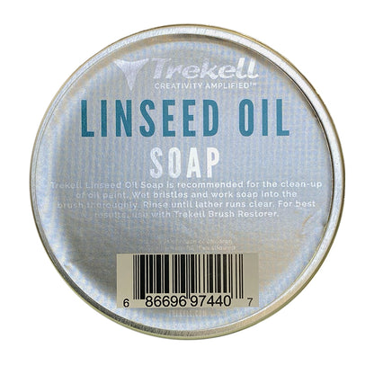 Trekell Linseed Oil Soap tin, top view of its silver label and pale blue lettering.
