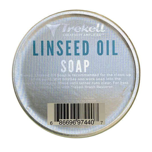 Trekell Linseed Oil Soap tin, top view of its silver label and pale blue lettering.