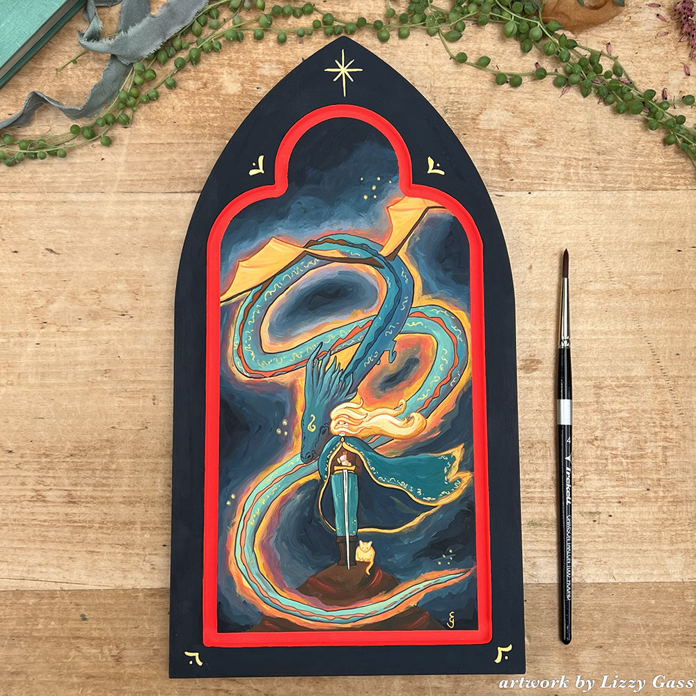 Gold-and-blue coiling snake painted inside a red-bordered Gothic arch on a black panel.
