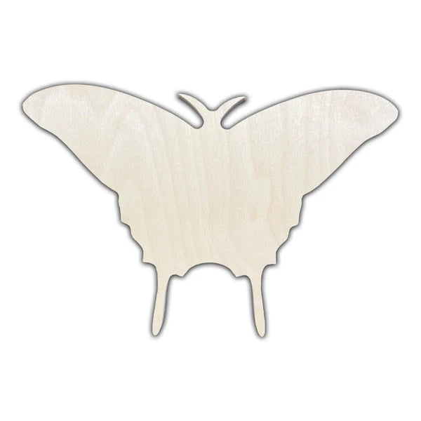 Trekell Swallow-Tailed Moth Panel, unpainted wood with spread wings and two long lower tails.