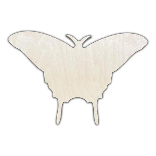Trekell Swallow-Tailed Moth Panel, unpainted wood with spread wings and two long lower tails.