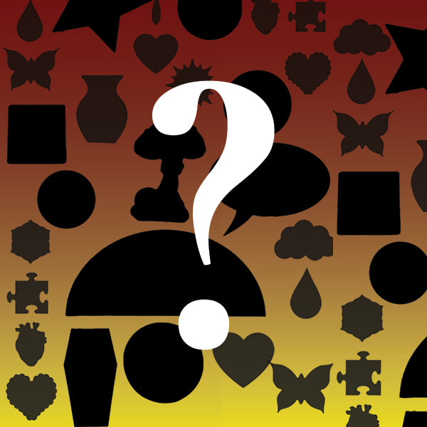 Large white question mark over silhouettes of shaped panels on a red-to-yellow background.