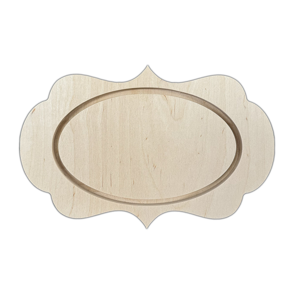 Trekell Ornate Plaque Floater Panel, horizontal oval inset within a scalloped wooden outline.