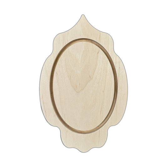Trekell Ornate Vintage Floater Panel, vertical oval inset within a pointed, scalloped wooden outline.