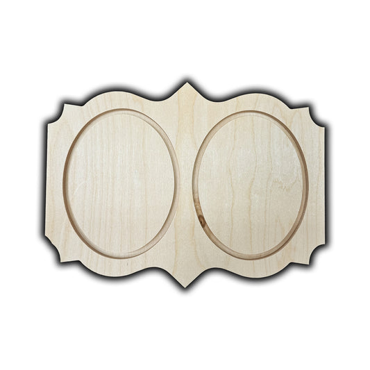 Trekell Ovate Diptych Floater Panel, two oval insets in a symmetrical pointed wooden frame.