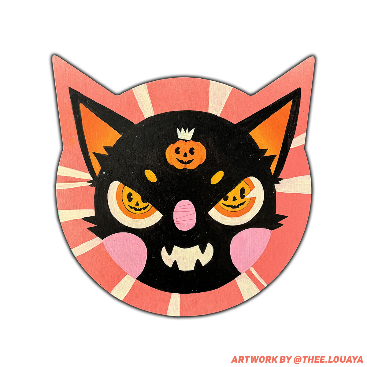Black cat face with orange eyes, pink cheeks and a tiny crowned pumpkin on a coral-striped kitty panel.