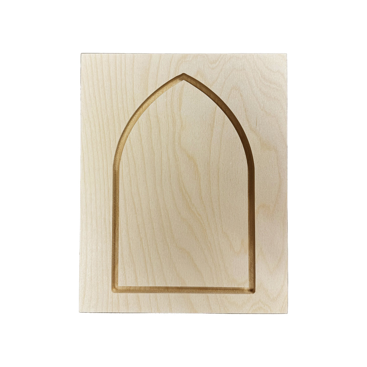 Trekell Framed Arch Floater Panel, pointed unpainted arch inset within a rectangular wood frame.