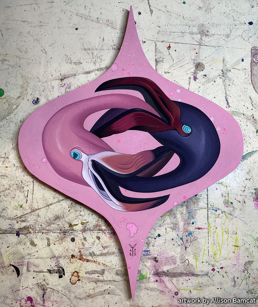 Purple-and-pink stylized bird painted on a pink retro ornament panel.