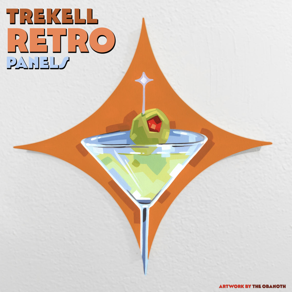 Orange retro ornament panel painted with a green martini glass and olive; text reads Trekell Retro Panel.
