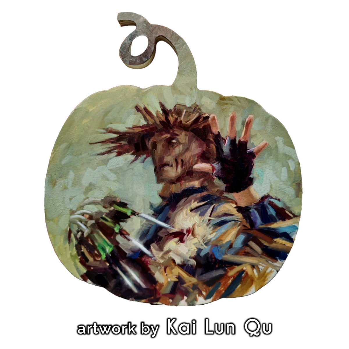 Brown horse and armored figure painted on a pumpkin panel, credited to Kai Lun Qu.