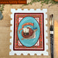 Postage-stamp panel painted with a brown mail bag on a blue oval, credited to Lizzy Gass.