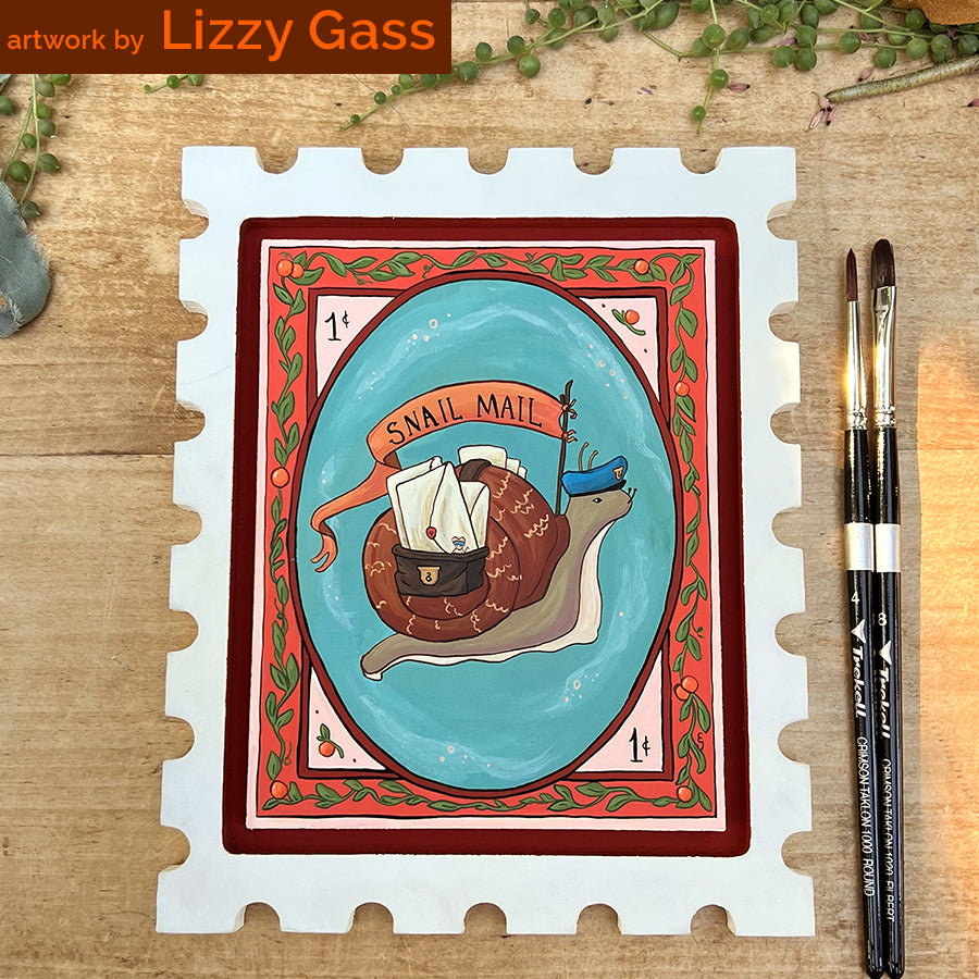 Postage-stamp panel painted with a brown mail bag on a blue oval, credited to Lizzy Gass.