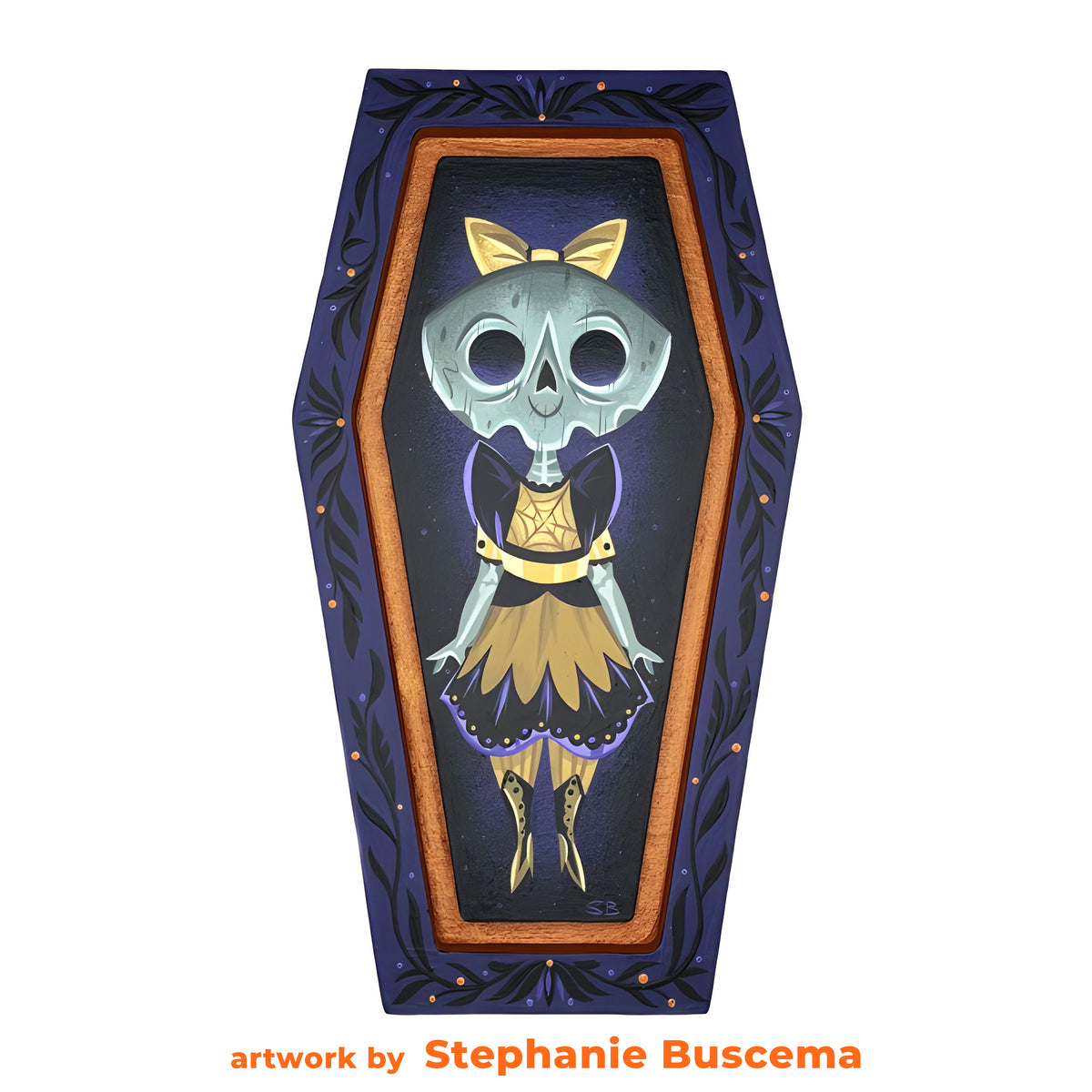 Skeleton-like girl with a yellow bow and skirt painted in a purple coffin frame, credited to Stephanie Buscema.