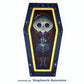 Skeleton-like girl in a dark dress painted inside a blue coffin frame with stars and a gold inner border.