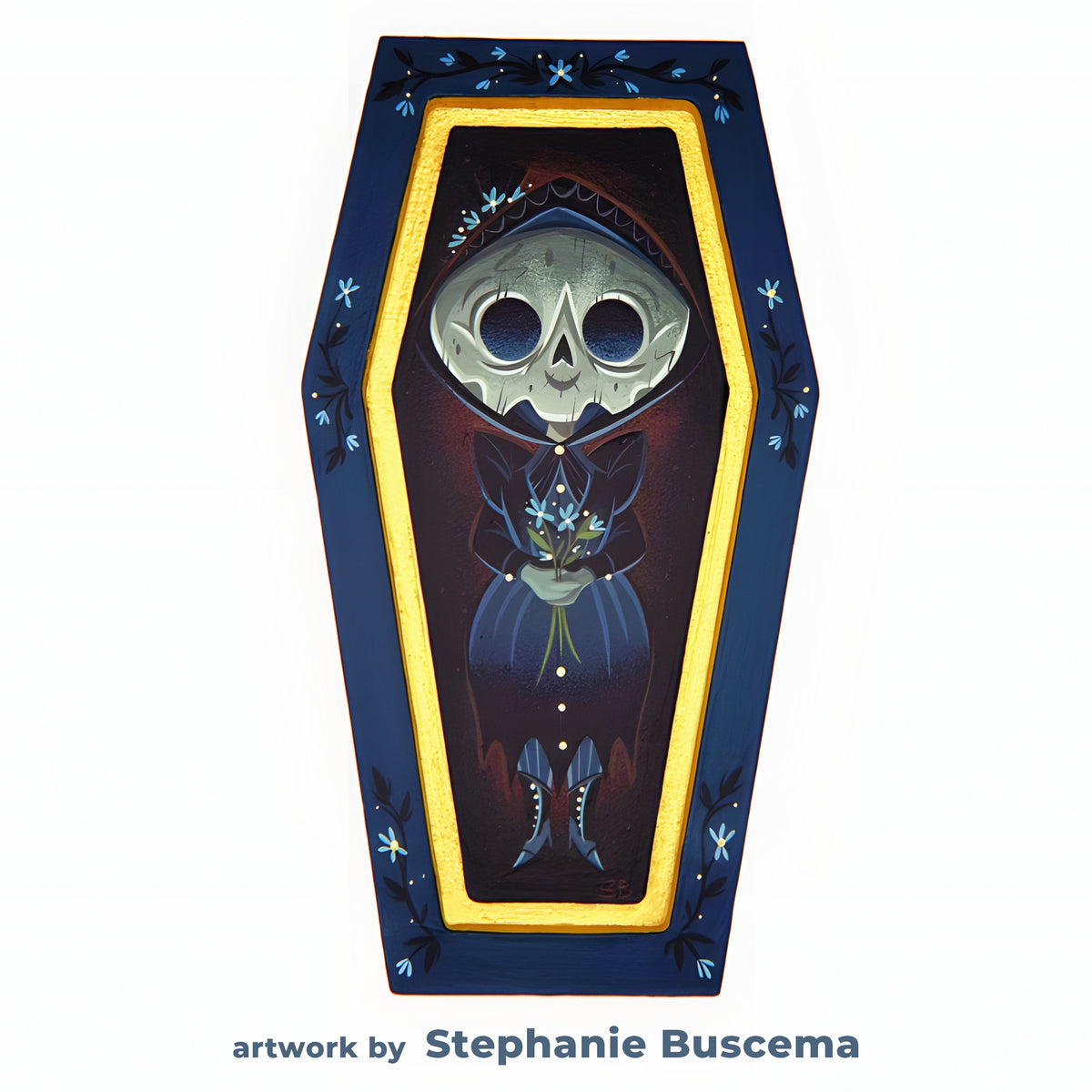 Skeleton-like girl in a dark dress painted inside a blue coffin frame with stars and a gold inner border.