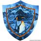 Penguin amid stylized blue waves on a shield-shaped panel, credited to Victor Roman.