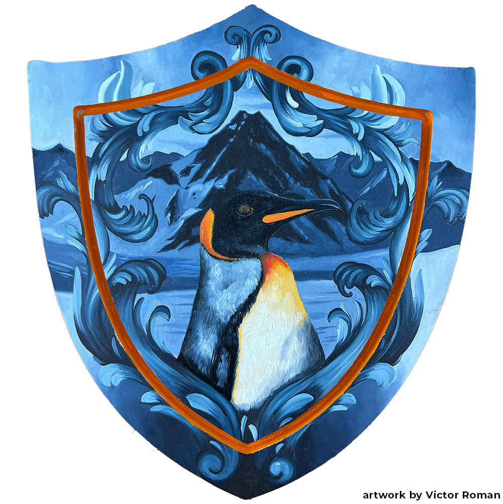 Penguin amid stylized blue waves on a shield-shaped panel, credited to Victor Roman.