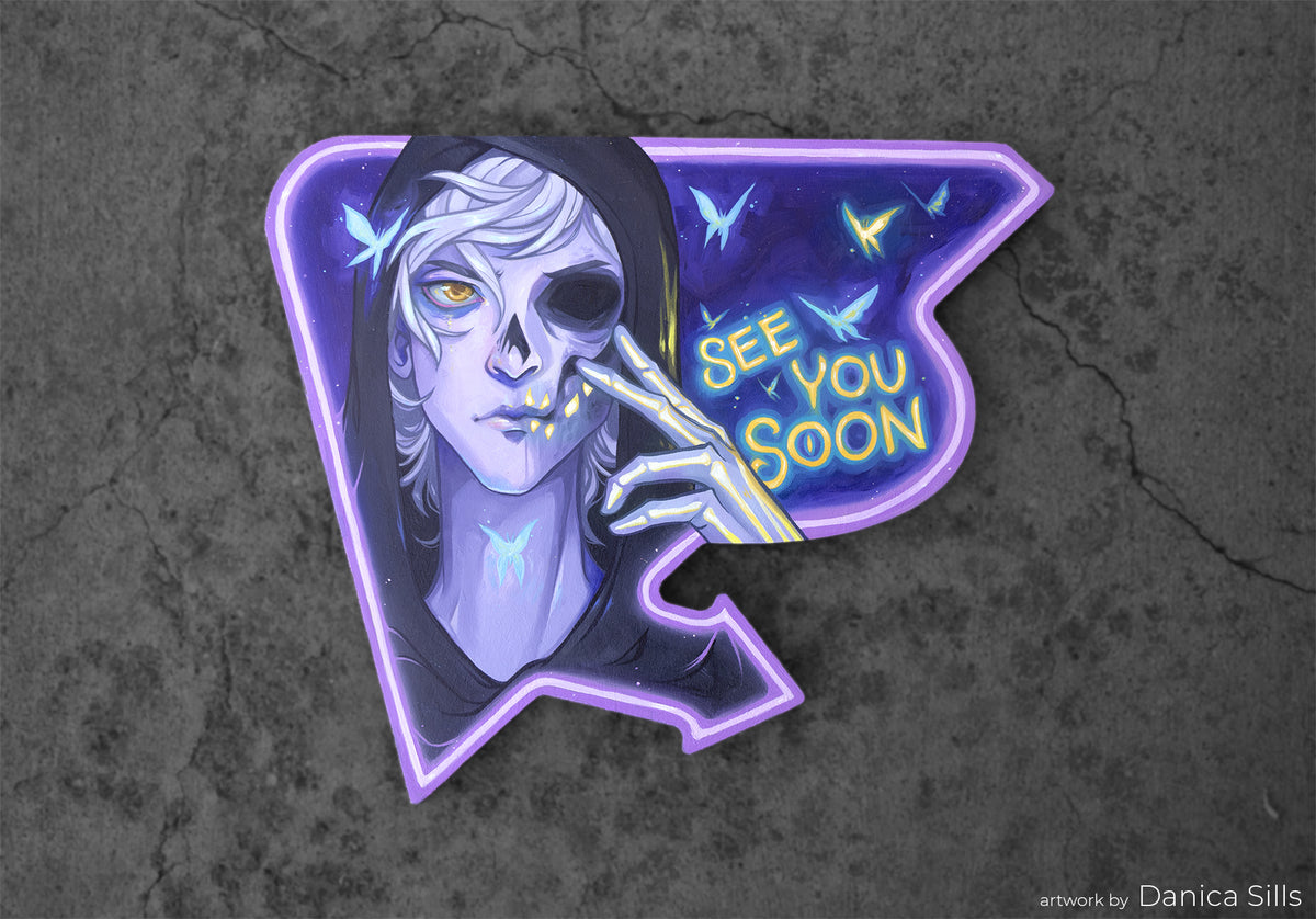 Purple neon-style sign with an eyepatched face and SEE YOU SOON lettering on a vacancy-shaped panel.