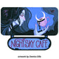 Blue Night Sky Cafe sign with a long-haired figure holding a pink cup, credited to Danica Sills.