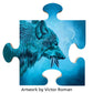 Blue wolf's head in profile on a puzzle-piece panel, credited to Victor Roman.