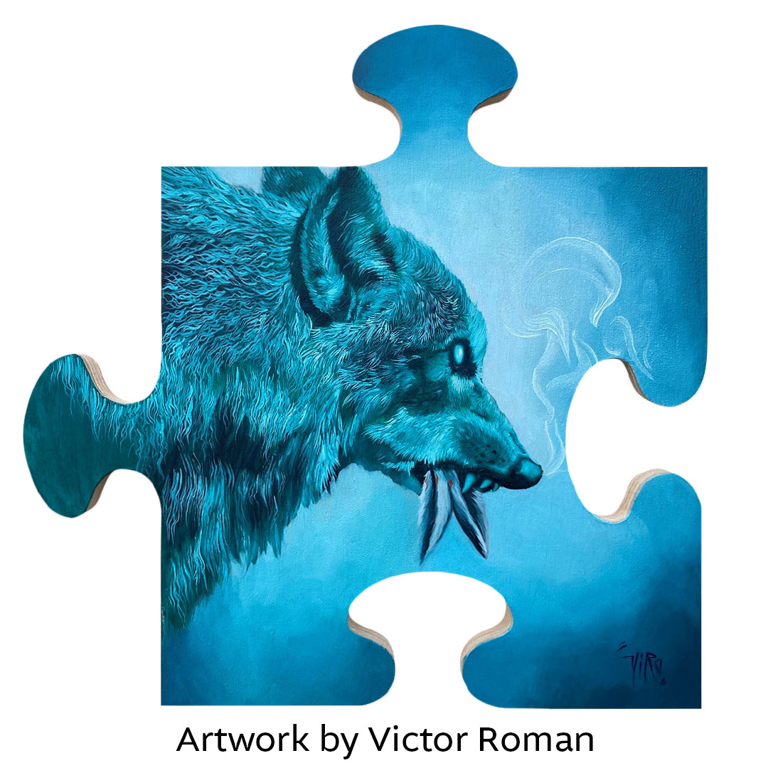 Blue wolf's head in profile on a puzzle-piece panel, credited to Victor Roman.