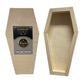 Trekell Coffin Cradled Panel, back views showing a product label and the recessed wooden support frame.