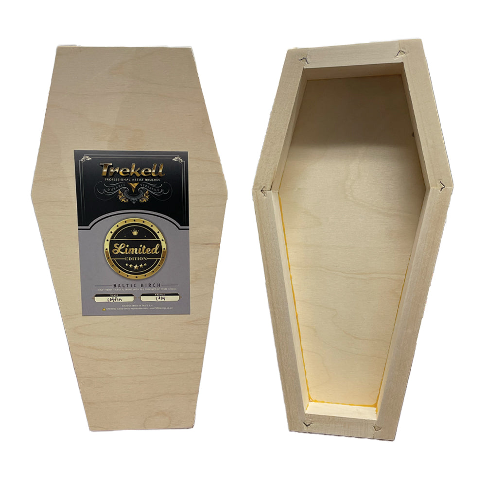 Trekell Coffin Cradled Panel, back views showing a product label and the recessed wooden support frame.