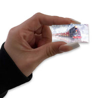 Hand holds a tiny panel painted with a snowy red-roofed building.