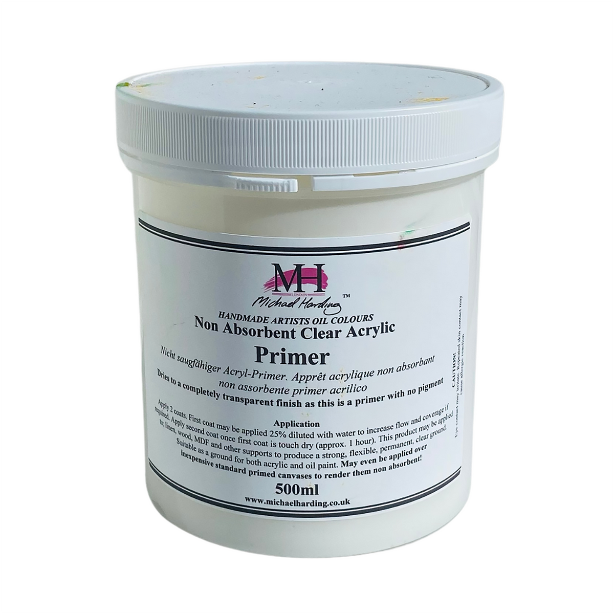 Michael Harding Non-Absorbent Acrylic Primer, white jar with white lid labeled Neutral Clear.