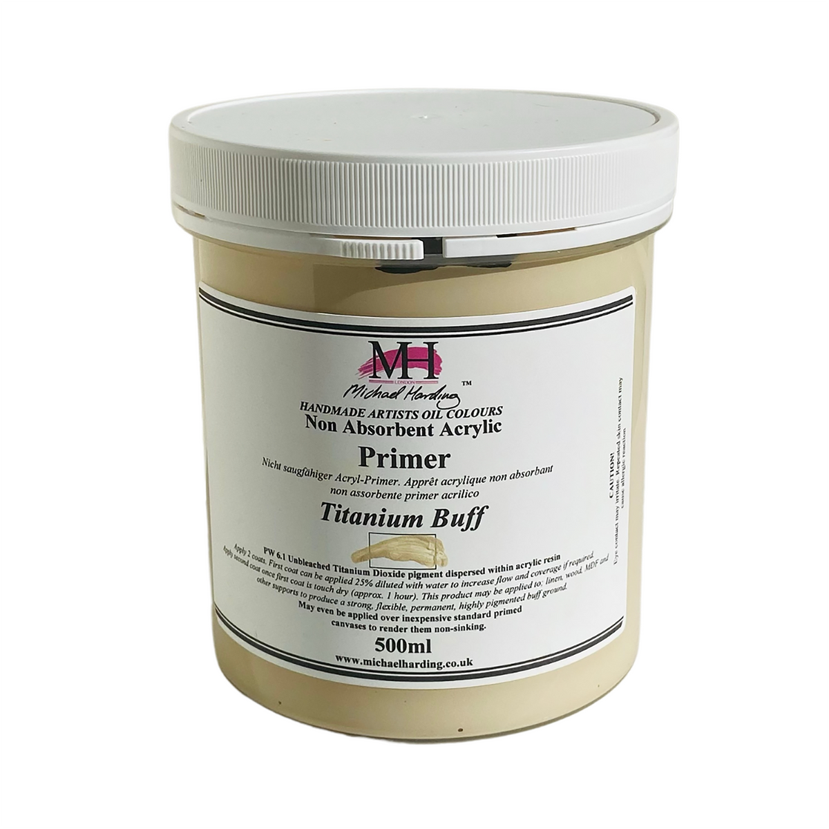 Michael Harding Non-Absorbent Acrylic Primer, pale yellow jar labeled Titanium Buff.