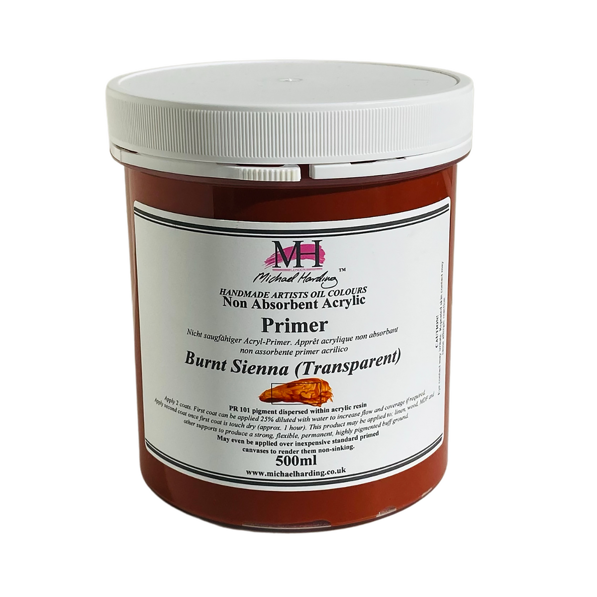 Michael Harding Burnt Sienna acrylic primer in a reddish-brown container.