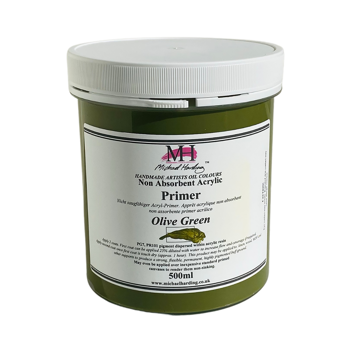 Michael Harding Non-Absorbent Acrylic Primer, olive-green jar labeled Olive Green.