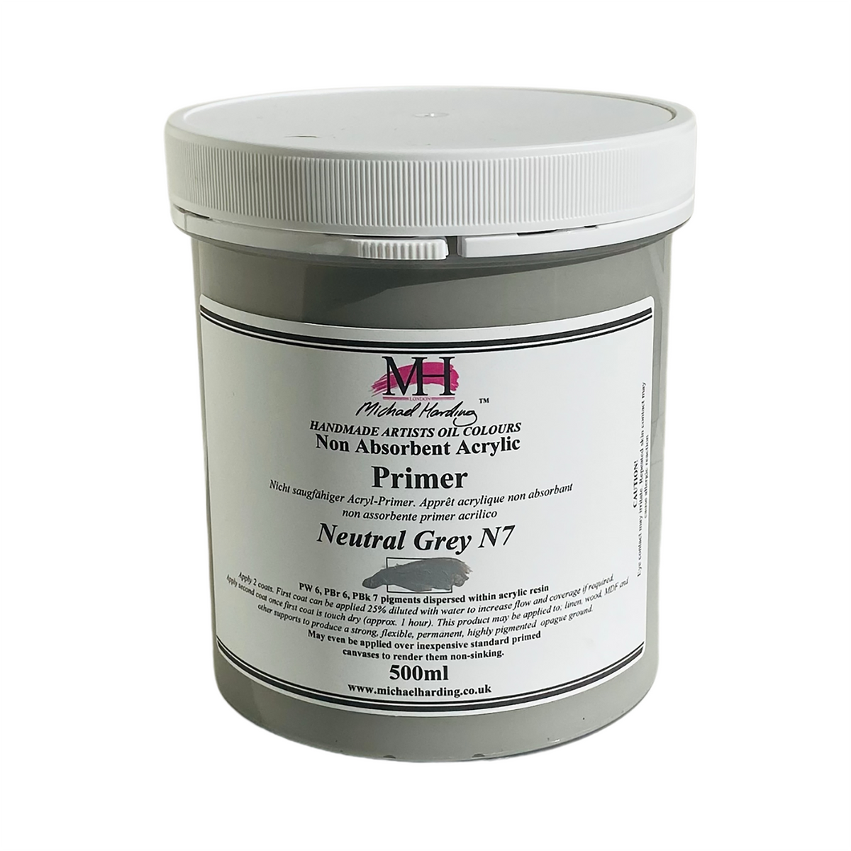 Michael Harding Non-Absorbent Acrylic Primer, gray jar with white lid labeled Neutral Gray N7.