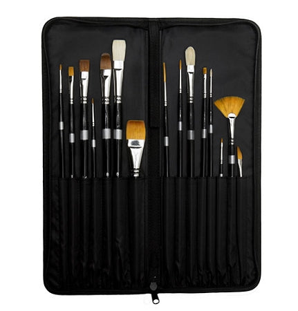 Open black brush case displaying two rows of brushes secured by elastic loops.