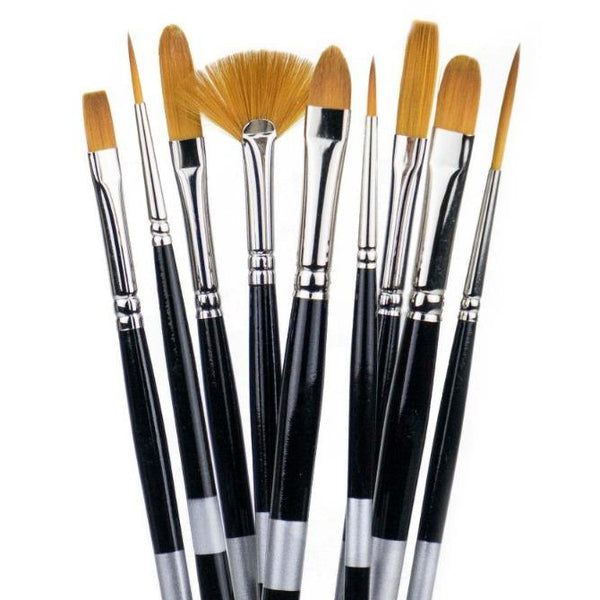 Eight black-handled brushes fanned upright with golden flat, pointed, rounded and fan-shaped bristles.