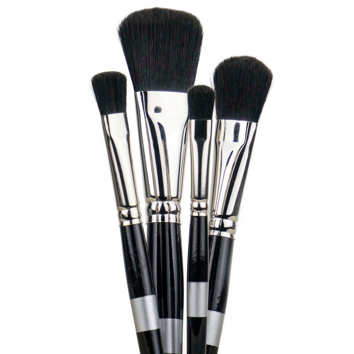 Four black-handled mop brushes with dark rounded bristles in graduated sizes.