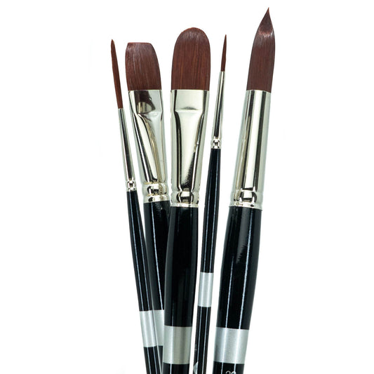 Four black-handled brushes with broad rounded, flat and pointed brown tips.