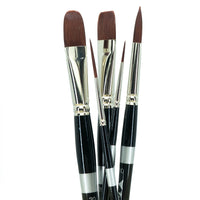 Three black-handled brushes with rounded, flat and fine pointed brown tips.