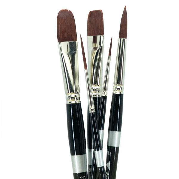 Three black-handled brushes with rounded, flat and fine pointed brown tips.